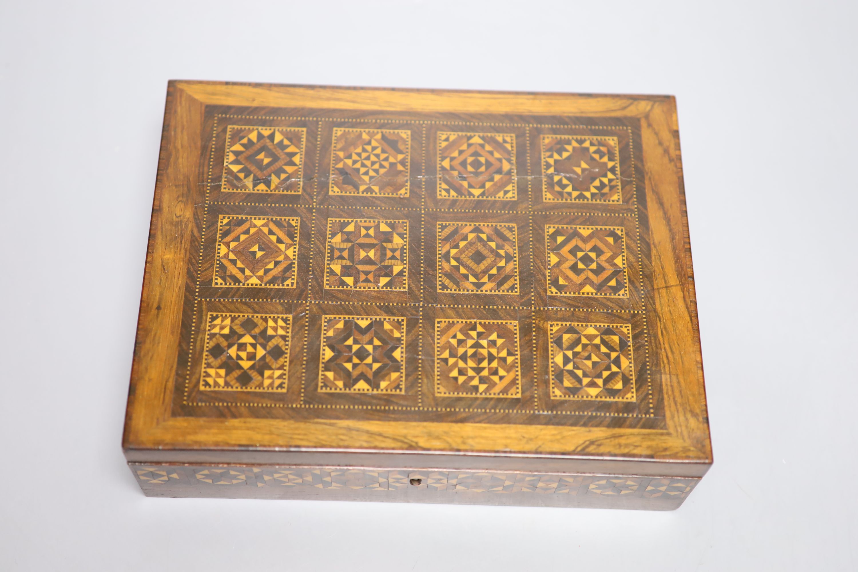 A Tunbridgeware rosewood and half square mosaic games box, c.1840, 24.5cm